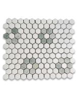 Thassos White Marble 1 inch Hexagon Rosette Mosaic Tile w/ Ming Green Honed
