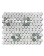 Thassos White Marble 1 inch Hexagon w/ Ming Green Marble Rosette Pattern Mosaic Tile Polished