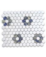 Thassos White Marble 1 inch Hexagon Rosette Mosaic Tile w/ Azul Macaubas Blue Honed