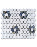 Thassos White Marble 1 inch Hexagon Rosette Mosaic Tile w/ Azul Macaubas Blue Polished