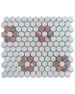 Thassos White Marble 1 inch Hexagon Rosette Mosaic Tile w/ Norwegian Rose Pink Honed
