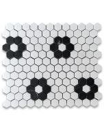 Thassos White Marble 1 inch Hexagon Rosette Mosaic Tile w/ Nero Marquina Black Honed