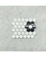 Thassos White Marble 1 inch Hexagon Rosette Mosaic Tile w/ Nero Marquina Black Polished