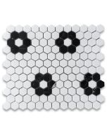 Thassos White Marble 1 inch Hexagon Rosette Mosaic Tile w/ Nero Marquina Black Polished