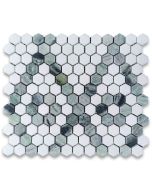 Thassos White Marble 1 inch Hexagon Diamond Flower Trellis Mosaic Tile w/ Sagano Vibrant Green Honed