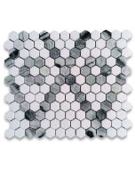 Thassos White Marble 1 inch Hexagon Diamond Flower Trellis Mosaic Tile w/ Sagano Vibrant Green Polished