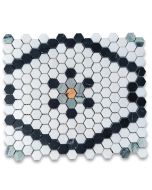 Thassos White Marble 1 inch Hexagon Historic Snowflake Mosaic Tile w/ Nero Marquina Black Sagano Vibrant Green Amarillo Trian Gold Honed