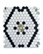 Thassos White Marble 1 inch Hexagon Historic Snowflake Mosaic Tile w/ Nero Marquina Black Sagano Vibrant Green Amarillo Trian Gold Polished
