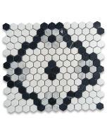 Thassos White Marble 1 inch Hexagon?Rose Modage?Mosaic Tile w/ Nero Marquina Black Carrara White Honed