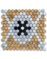 Thassos White Marble 1 inch Snowflake Hexagon Mosaic Tile w/ Gold Blue Black Honed