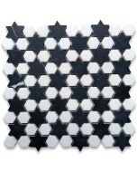 Thassos White Marble 1 inch Starry Night Hexagram Hexagon Mosaic Tile w/ Nero Marquina Black Honed