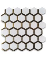 Thassos White Marble 2 inch Hexagon Mosaic Tile w/ Brass Strips Honed