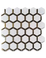 Thassos White Marble 2 inch Hexagon Mosaic Tile w/ Brass Strips Honed