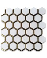 Thassos White Marble 2 inch Hexagon Mosaic Tile w/ Brass Strips Polished