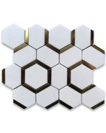 Thassos White Marble 3 inch Hexagon Mosaic Tile w/ Brass Strips Honed