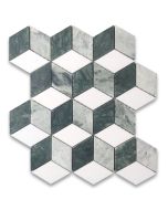Thassos White Marble 2x3 Illusion 3D Cube Rhombus Diamond Hexagon Mosaic Tile w/ Green Marble Honed