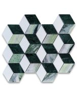 Thassos White Marble 2x3 Illusion 3D Cube Rhombus Diamond Hexagon Mosaic Tile w/ Green Marble Polished