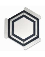 Thassos White Marble 5 inch Hexagon Georama Geometric Mosaic Tile w/ Nero Marquina Black Carrara White Strips Honed