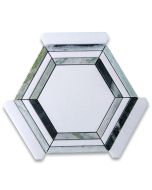 Thassos White Marble 5 inch Hexagon Georama Geometric Mosaic Tile w/ Sagano Vibrant Green Strips Honed