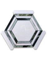 Thassos White Marble 5 inch Hexagon Georama Geometric Mosaic Tile w/ Sagano Vibrant Green Strips Polished