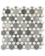 Thassos White Marble 1-1/2 inch Hexagon Sunflower Ring Waterjet Mosaic Tile w/ Ming Green Polished