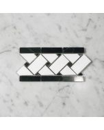 (Sample) Thassos White Marble 4x12 Basketweave Mosaic Border w/ Nero Marquina Black Dots Polished
