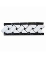 Thassos White Marble 4x12 Basketweave Mosaic Border w/ Nero Marquina Black Dots Polished