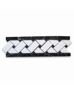 Thassos White Marble 4x12 Basketweave Mosaic Border w/ Nero Marquina Black Dots Polished