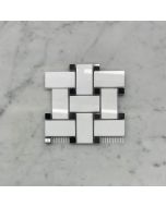 (Sample) Thassos White Marble 1x2 Basketweave Mosaic Tile w/ Nero Marquina Black Dots Polished