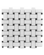Thassos White Marble 1x2 Basketweave Mosaic Tile w/ Nero Marquina Black Dots Honed