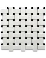 Thassos White Marble 1x2 Basketweave Mosaic Tile w/ Nero Marquina Black Dots Polished