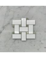 (Sample) Thassos White Marble 1x2 Basketweave Mosaic Tile w/ Green Jade Dots Polished