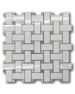 Thassos White 1x2 Basketweave Mosaic Tile w/ Green Dots Polished