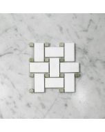 (Sample) Thassos White Marble 1x2 Basketweave Mosaic Tile w/ Green Jade Dots Honed