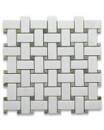 Thassos White 1x2 Basketweave Mosaic Tile w/ Green Dots Honed