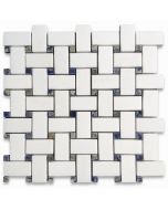 Thassos White Marble 1x2 Basketweave Mosaic Tile w/ Azul Macaubas Blue Dots Polished
