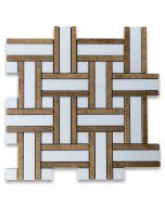 Thassos White Marble 1 inch Twine Basketweave Mosaic Tile w/ Yellow Woodgrain Honed