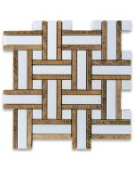 Thassos White Marble 1 inch Twine Basketweave Mosaic Tile w/ Yellow Woodgrain Polished
