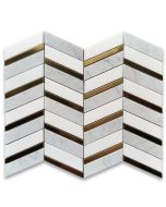 Thassos White Carrara White Marble 1x3 Artistic Chevron Mosaic Tile w/ Brass Strips Polished