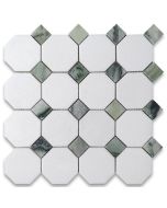 Thassos White Marble 3 inch Octagon Mosaic Tile w/ Sagano Green Dots Honed