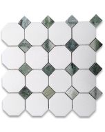 Thassos White Marble 3 inch Octagon Mosaic Tile w/ Sagano Green Dots Polished