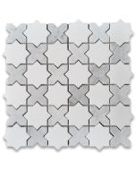 Thassos White Marble 2 inch Cross Star Mosaic Tile w/ Carrara White Honed