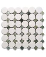 Thassos White Marble 2 inch Round Mosaic Tile w/ Sagano Vibrant Green Square Dots Polished