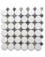 Thassos White Marble 2 inch Round Mosaic Tile w/ Azul Macaubas Blue Square Dots Honed