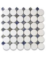 Thassos White Marble 2 inch Round Mosaic Tile w/ Azul Macaubas Blue Square Dots Polished