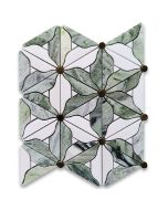 Thassos White Sagano Vibrant Green Marble Lily Bouquet Flower Leaf Mosaic Tile w/ Brass Pistil Honed