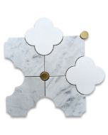 Thassos White Carrara White Marble Quatrefoil Four-Leaf Four-Lobed Clover Flower Mosaic Tile w/ Brass Dots Honed