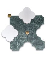 Thassos White Indian Green Marble Quatrefoil Four-Leaf Four-Lobed Clover Flower Mosaic Tile w/ Brass Dots Honed
