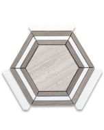 Athens Silver Cream Marble 5 inch Hexagon Georama Geometric Mosaic Tile w/ Athens Gray Thassos White Strips Honed