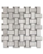 White Wood Grain 1x2 Basketweave Mosaic Tile w/ Gray Dots Polished